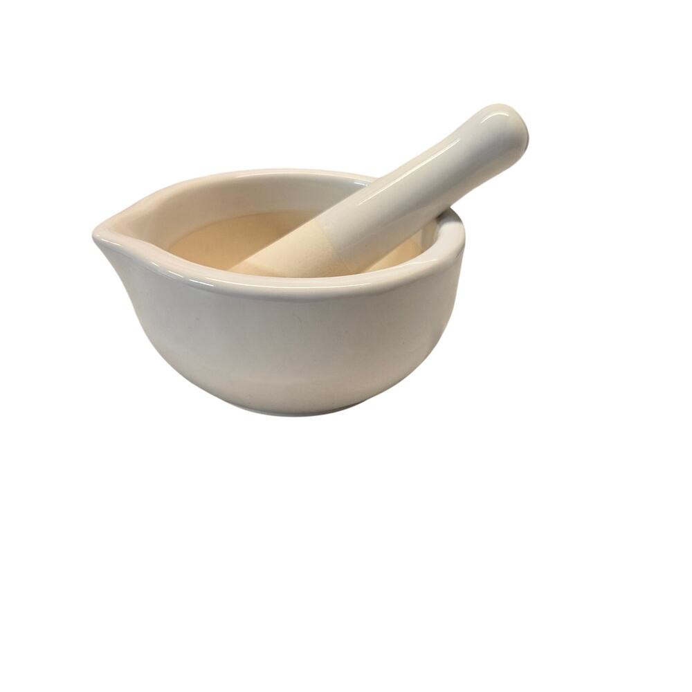 Mortar and Pestle White Glazed Porcelain Apothecary Kitchen Tool Approx. 5"